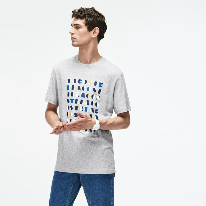 Crew Neck 3D Lettering Cotton Jersey Tshirt Grey Mens Lacoste TShirts Store