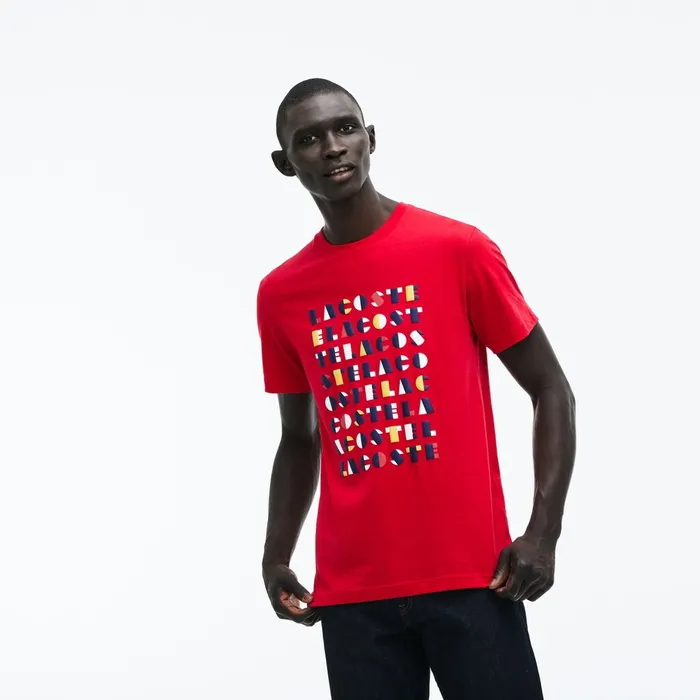 Crew Neck 3D Lettering Cotton Jersey Tshirt Red Mens Lacoste TShirts Outlet Factory