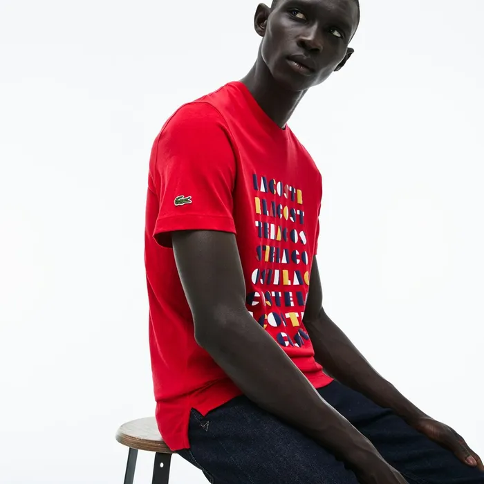Crew Neck 3D Lettering Cotton Jersey Tshirt Red Mens Lacoste TShirts Outlet Factory
