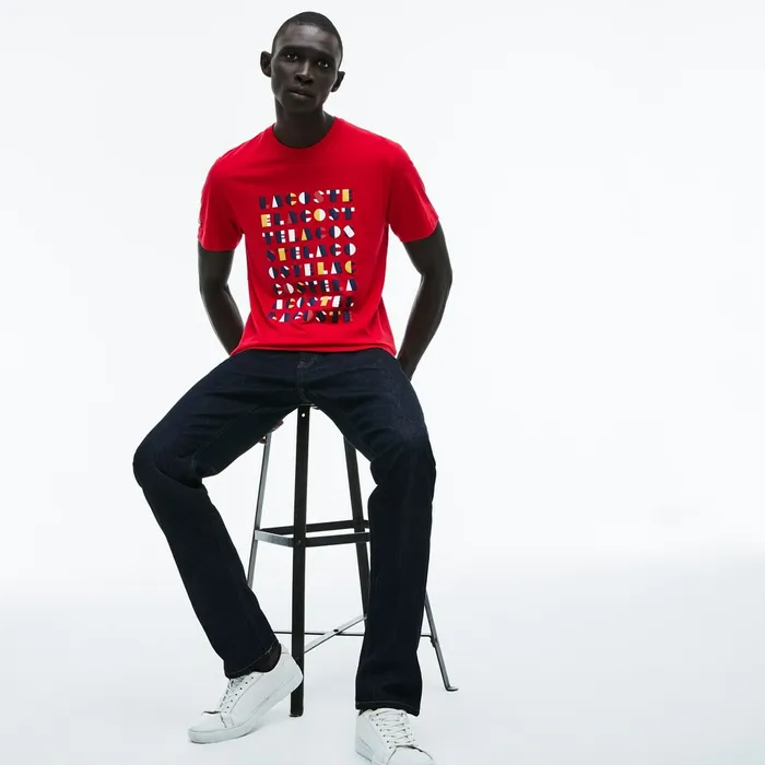 Crew Neck 3D Lettering Cotton Jersey Tshirt Red Mens Lacoste TShirts Outlet Factory
