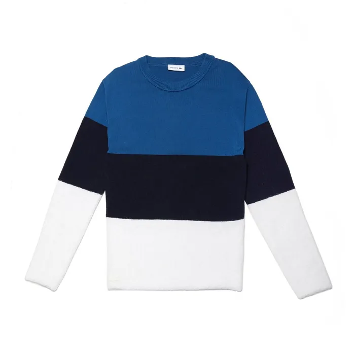 Crew Neck Colorblock Cotton Mohair And Wool Jersey Sweater WhiteNavy Blue Womens Lacoste Sweaters and Sweatshirts Store