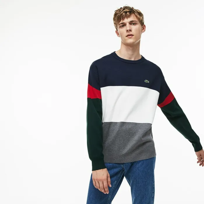 Crew Neck Colorblock Flat Ribbed Cotton Sweater GreyWhiteBlueRedGreen Mens Lacoste Sweaters Gift 4 You Crew Neck Colorblock Flat Ribbed Cotton Sweater GreyWhiteBlueRedGreen Mens Lacoste Sweaters Gift 4 You