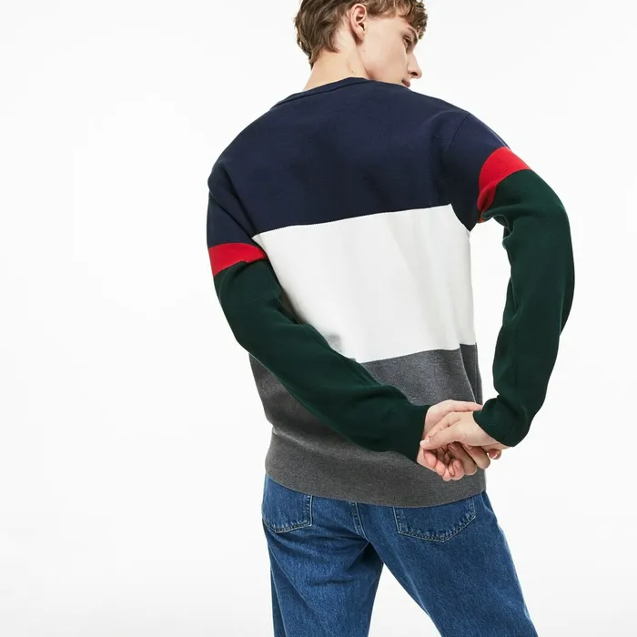 Crew Neck Colorblock Flat Ribbed Cotton Sweater GreyWhiteBlueRedGreen Mens Lacoste Sweaters Gift 4 You