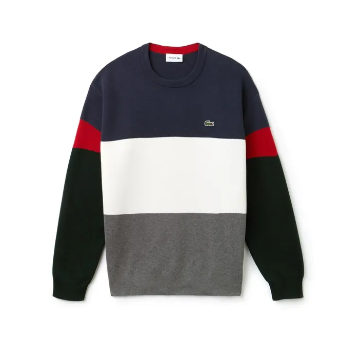Crew Neck Colorblock Flat Ribbed Cotton Sweater GreyWhiteBlueRedGreen Mens Lacoste Sweaters Gift 4 You