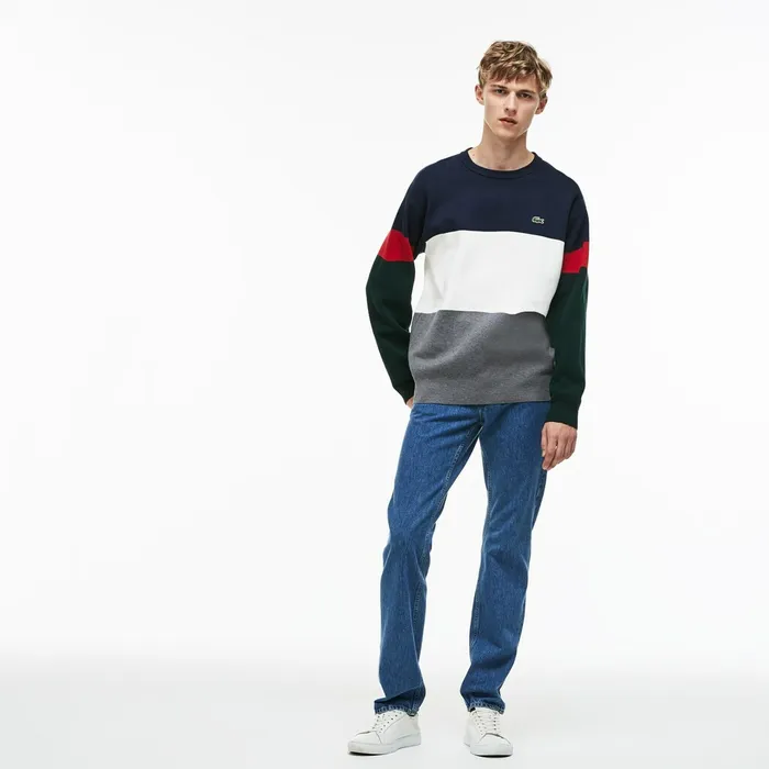 Crew Neck Colorblock Flat Ribbed Cotton Sweater GreyWhiteBlueRedGreen Mens Lacoste Sweaters Gift 4 You