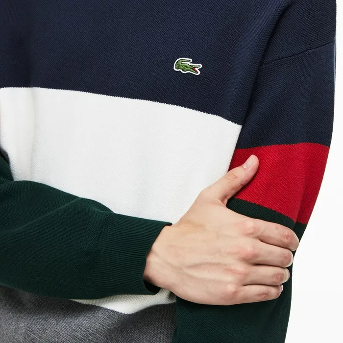 Crew Neck Colorblock Flat Ribbed Cotton Sweater GreyWhiteBlueRedGreen Mens Lacoste Sweaters Gift 4 You