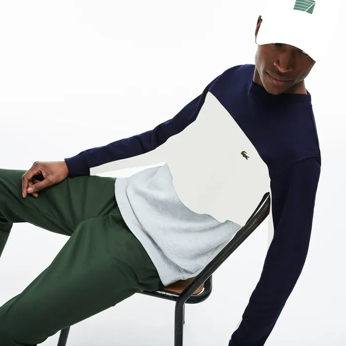 Crew Neck Colorblock Piqu Fleece Sweatshirt Grey ChineWhiteNavy Blue Mens Lacoste Sweatshirts Online Outlet Store