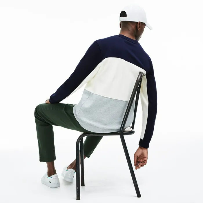 Crew Neck Colorblock Piqu Fleece Sweatshirt Grey ChineWhiteNavy Blue Mens Lacoste Sweatshirts Online Outlet Store