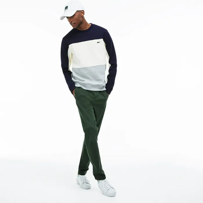 Crew Neck Colorblock Piqu Fleece Sweatshirt Grey ChineWhiteNavy Blue Mens Lacoste Sweatshirts Online Outlet Store