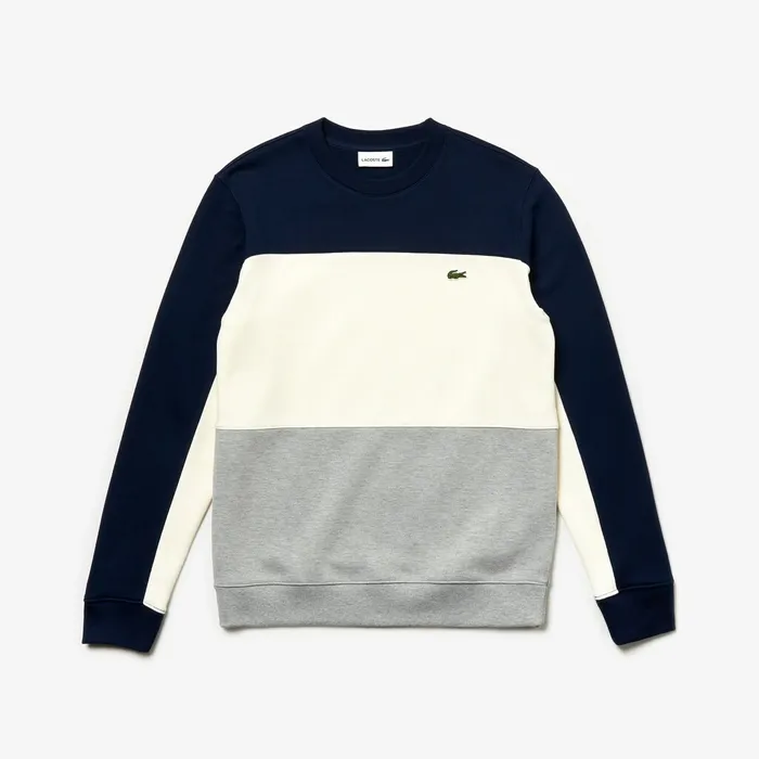 Crew Neck Colorblock Piqu Fleece Sweatshirt Grey ChineWhiteNavy Blue Mens Lacoste Sweatshirts Online Outlet Store