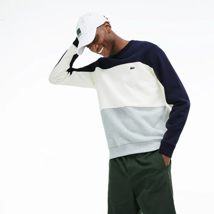 Crew Neck Colorblock Piqu Fleece Sweatshirt Grey ChineWhiteNavy Blue Mens Lacoste Sweatshirts Online Outlet Store