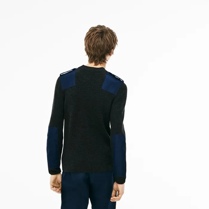 Crew Neck Colorblock Ribbed Wool And Cotton Sweater GreyNavy Blue Mens Lacoste Sweaters On Sale