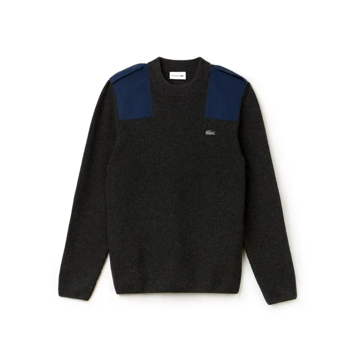 Crew Neck Colorblock Ribbed Wool And Cotton Sweater GreyNavy Blue Mens Lacoste Sweaters On Sale