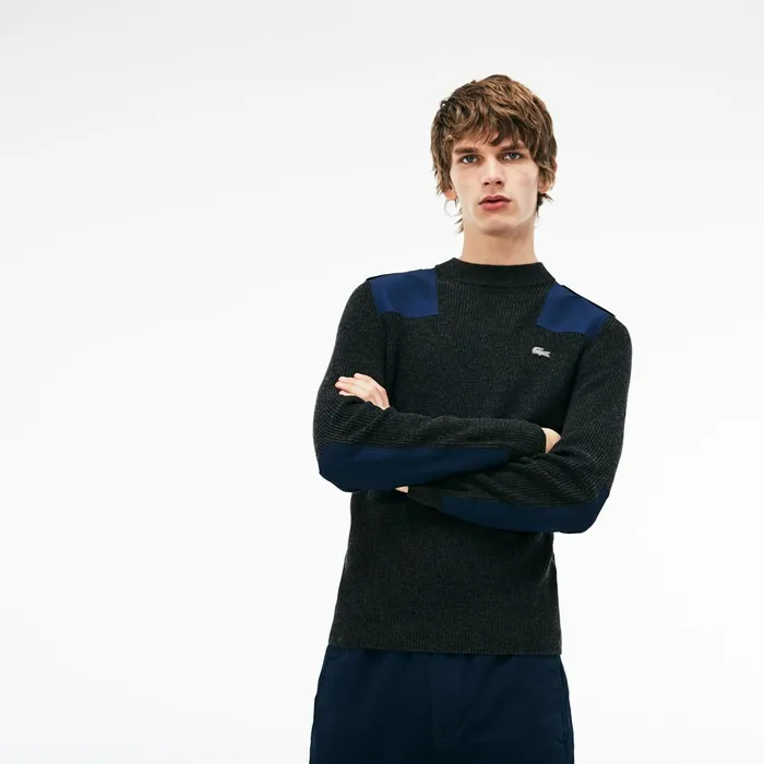 Crew Neck Colorblock Ribbed Wool And Cotton Sweater GreyNavy Blue Mens Lacoste Sweaters On Sale