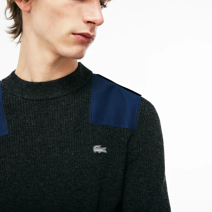 Crew Neck Colorblock Ribbed Wool And Cotton Sweater GreyNavy Blue Mens Lacoste Sweaters On Sale