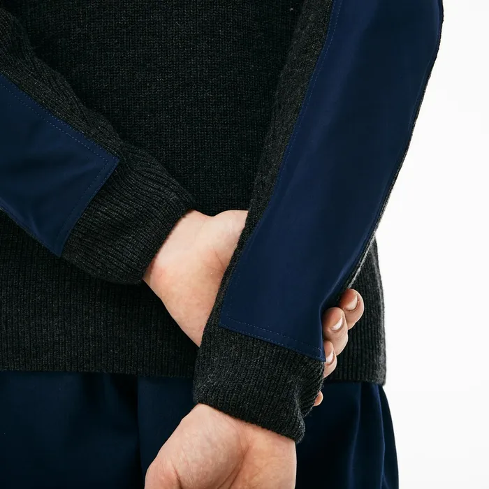 Crew Neck Colorblock Ribbed Wool And Cotton Sweater GreyNavy Blue Mens Lacoste Sweaters On Sale
