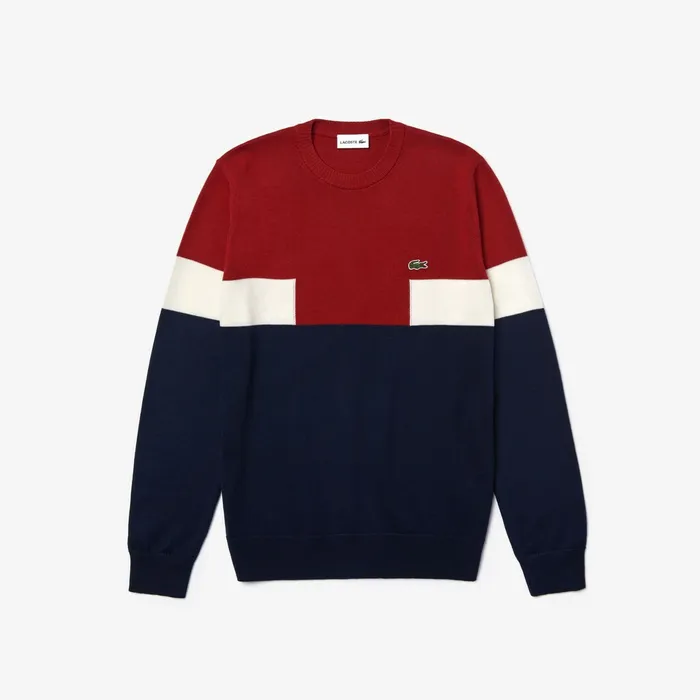 Crew Neck Colorblock Wool And Cotton Blend Sweater Navy BlueBordeauxWhite Mens Lacoste Sweaters Store Crew Neck Colorblock Wool And Cotton Blend Sweater Navy BlueBordeauxWhite Mens Lacoste Sweaters Store