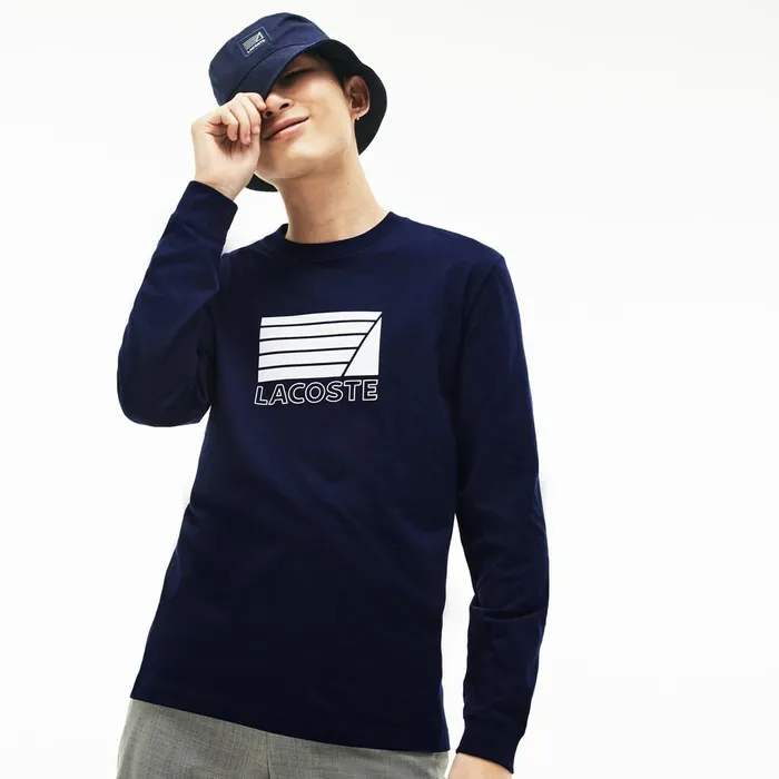 Crew Neck Cotton Tshirt Navy BlueWhite Mens Lacoste TShirts Near Me