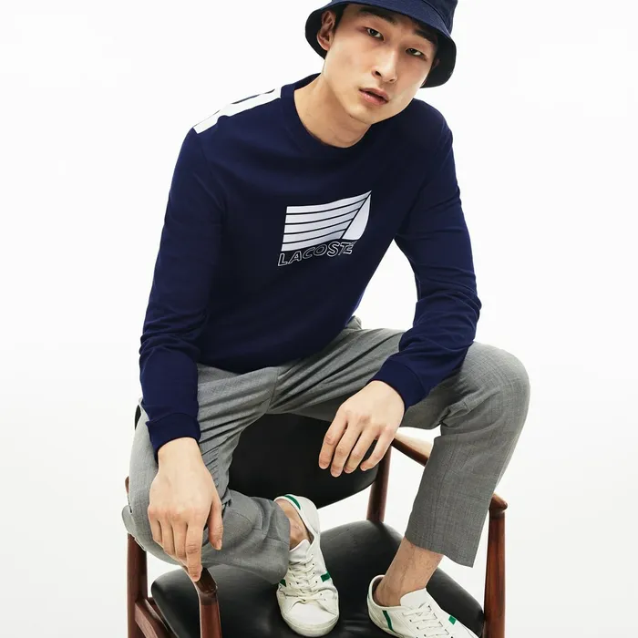 Crew Neck Cotton Tshirt Navy BlueWhite Mens Lacoste TShirts Near Me