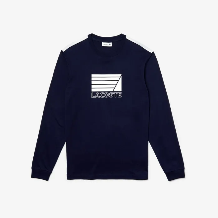 Crew Neck Cotton Tshirt Navy BlueWhite Mens Lacoste TShirts Near Me