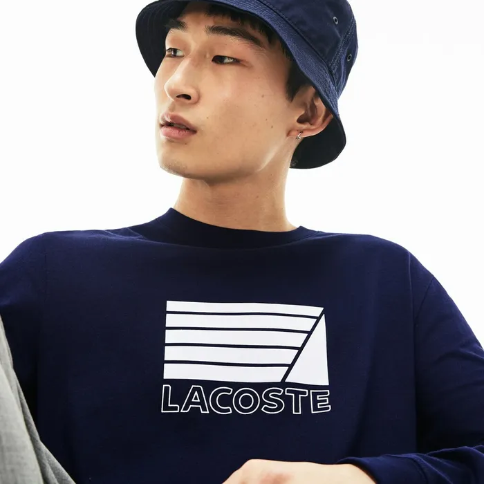 Crew Neck Cotton Tshirt Navy BlueWhite Mens Lacoste TShirts Near Me