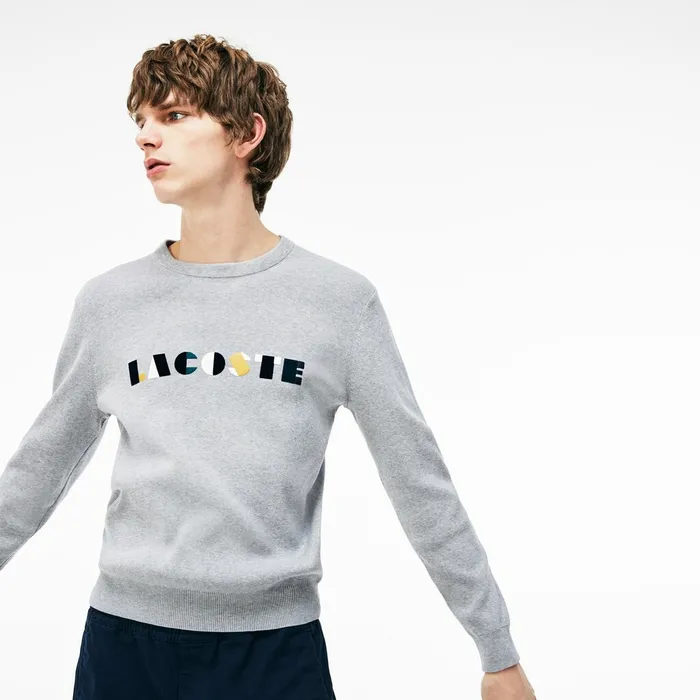 Crew Neck Lettering Ribbed Pima Cotton Sweater GreyWhite Mens Lacoste Sweaters Popular Crew Neck Lettering Ribbed Pima Cotton Sweater GreyWhite Mens Lacoste Sweaters Popular