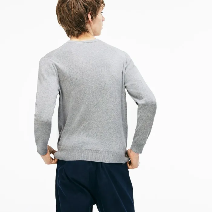 Crew Neck Lettering Ribbed Pima Cotton Sweater GreyWhite Mens Lacoste Sweaters Popular