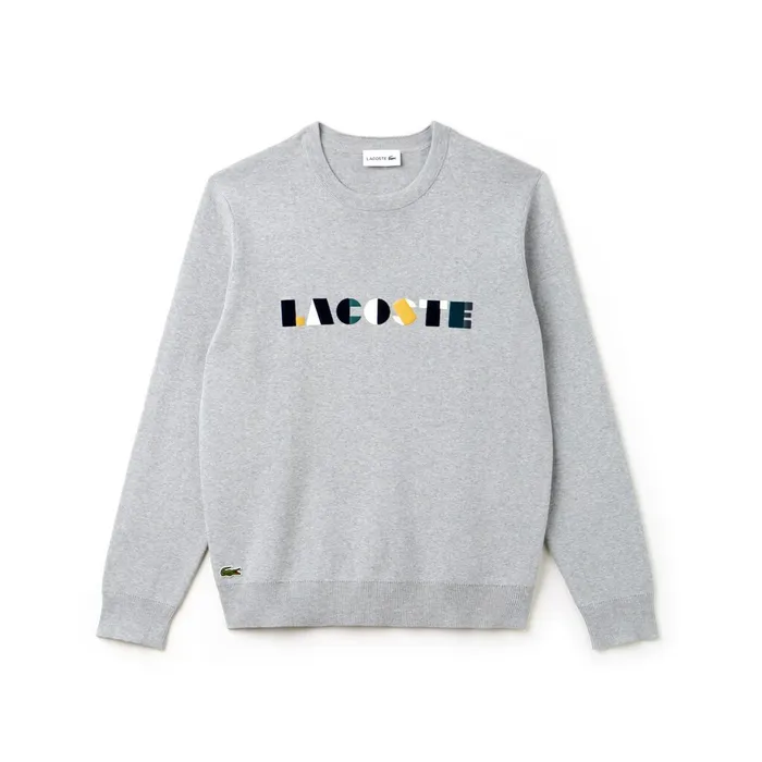 Crew Neck Lettering Ribbed Pima Cotton Sweater GreyWhite Mens Lacoste Sweaters Popular