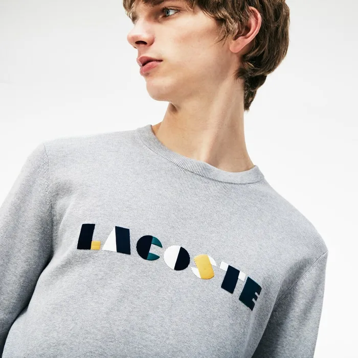 Crew Neck Lettering Ribbed Pima Cotton Sweater GreyWhite Mens Lacoste Sweaters Popular