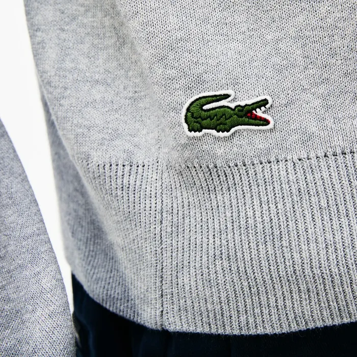 Crew Neck Lettering Ribbed Pima Cotton Sweater GreyWhite Mens Lacoste Sweaters Popular