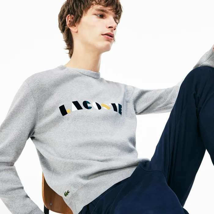 Crew Neck Lettering Ribbed Pima Cotton Sweater GreyWhite Mens Lacoste Sweaters Popular