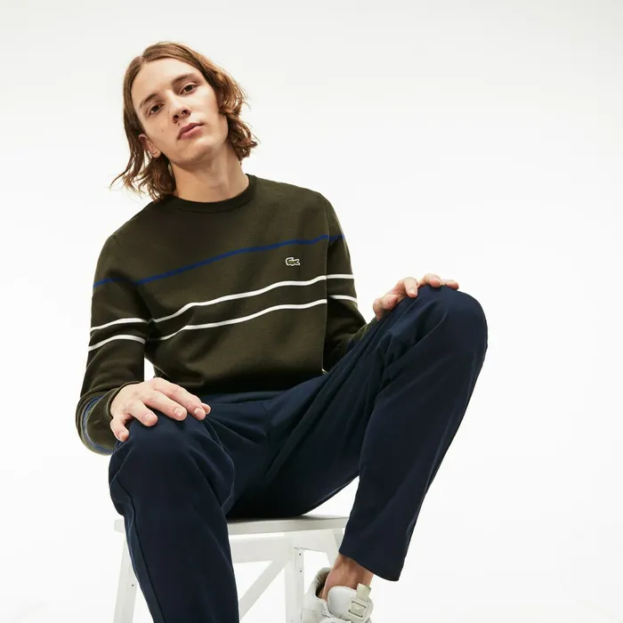 Crew Neck Multicolor Striped Milano Cotton Sweater Khaki GreenBlueNavy BlueWhite Mens Lacoste Sweaters Online Crew Neck Multicolor Striped Milano Cotton Sweater Khaki GreenBlueNavy BlueWhite Mens Lacoste Sweaters Online
