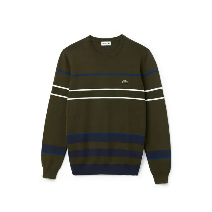 Crew Neck Multicolor Striped Milano Cotton Sweater Khaki GreenBlueNavy BlueWhite Mens Lacoste Sweaters Online