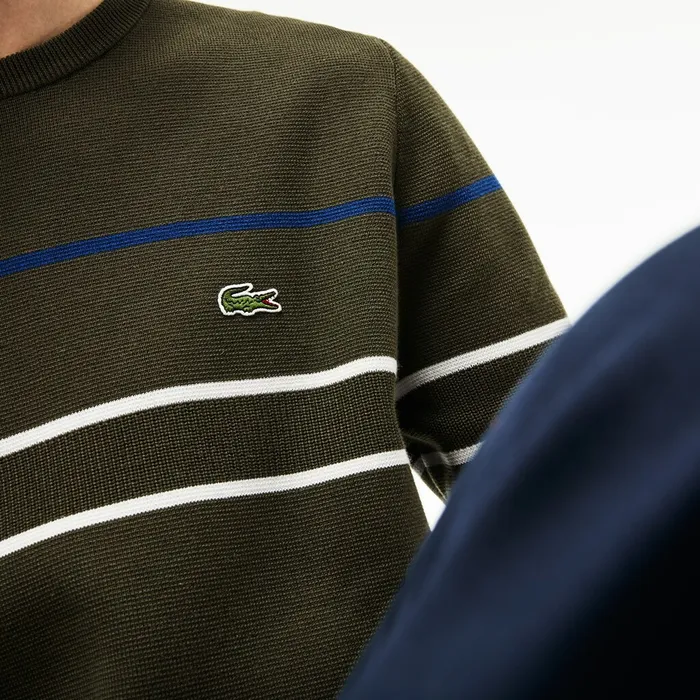 Crew Neck Multicolor Striped Milano Cotton Sweater Khaki GreenBlueNavy BlueWhite Mens Lacoste Sweaters Online