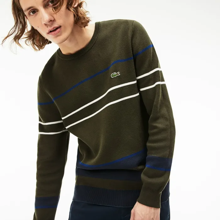 Crew Neck Multicolor Striped Milano Cotton Sweater Khaki GreenBlueNavy BlueWhite Mens Lacoste Sweaters Online