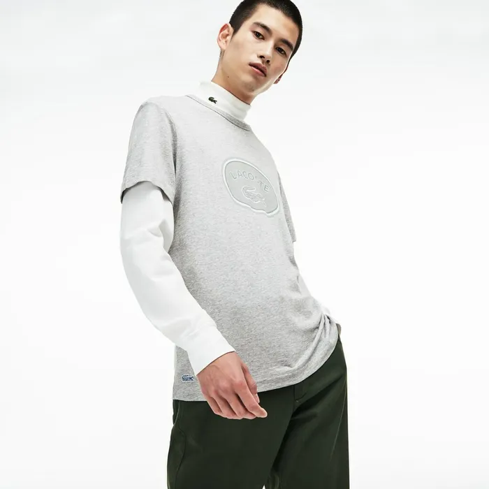 Crew Neck Oversized Badge Cotton Jersey TShirt Grey Mens Lacoste TShirts Shop Online