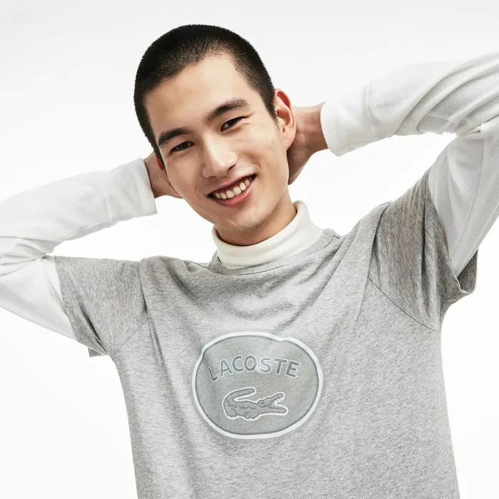 Crew Neck Oversized Badge Cotton Jersey TShirt Grey Mens Lacoste TShirts Shop Online