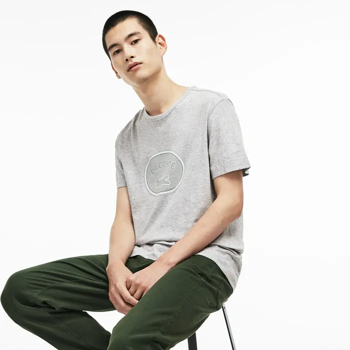 Crew Neck Oversized Badge Cotton Jersey TShirt Grey Mens Lacoste TShirts Shop Online