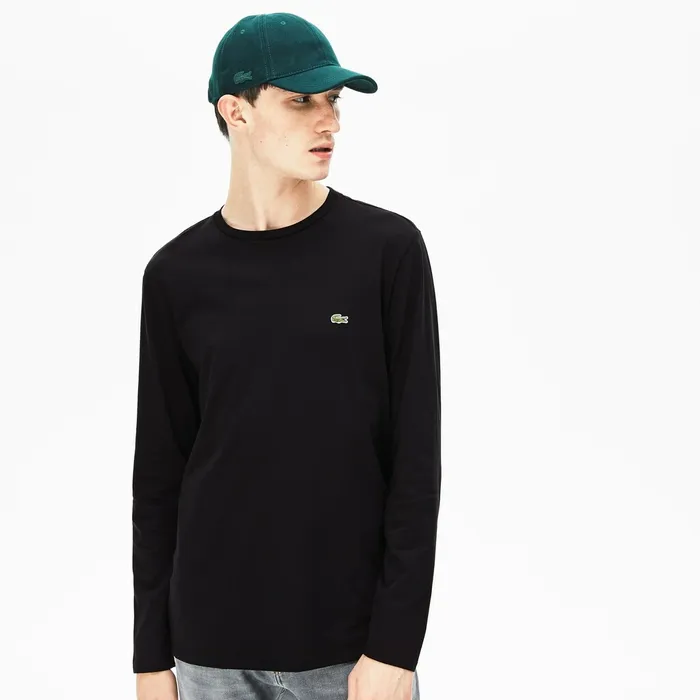 Crew Neck Pima Cotton Jersey Tshirt Black Mens Lacoste TShirts USA