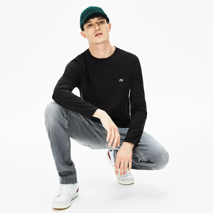 Crew Neck Pima Cotton Jersey Tshirt Black Mens Lacoste TShirts USA