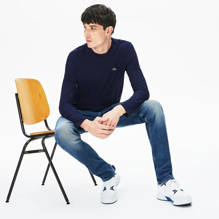 Crew Neck Pima Cotton Jersey Tshirt Navy Blue Mens Lacoste TShirts Casaul