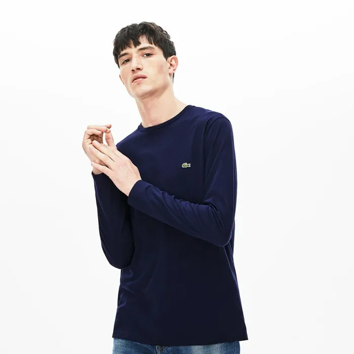 Crew Neck Pima Cotton Jersey Tshirt Navy Blue Mens Lacoste TShirts Casaul