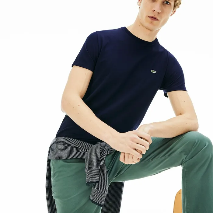 Crew Neck Pima Cotton TShirt Navy Blue Mens Lacoste TShirts Cheap On Sale