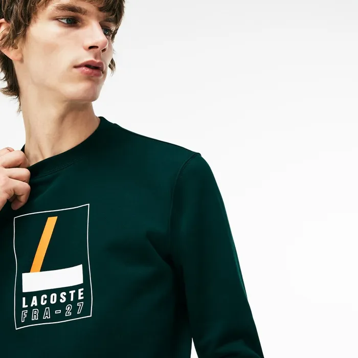 Crew Neck Print Fleece Sweatshirt GreenWhite Mens Lacoste Sweatshirts Gift Ideas