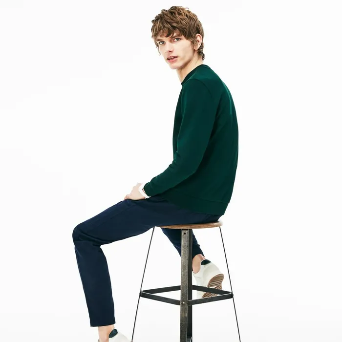 Crew Neck Print Fleece Sweatshirt GreenWhite Mens Lacoste Sweatshirts Gift Ideas