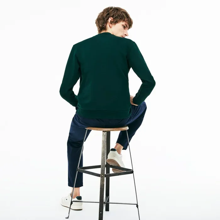Crew Neck Print Fleece Sweatshirt GreenWhite Mens Lacoste Sweatshirts Gift Ideas