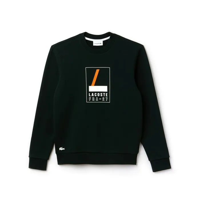 Crew Neck Print Fleece Sweatshirt GreenWhite Mens Lacoste Sweatshirts Gift Ideas