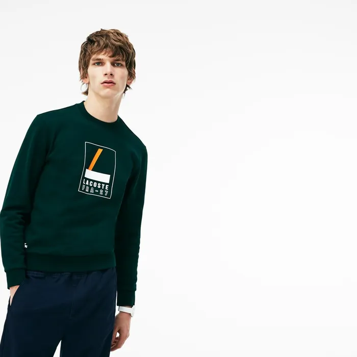 Crew Neck Print Fleece Sweatshirt GreenWhite Mens Lacoste Sweatshirts Gift Ideas