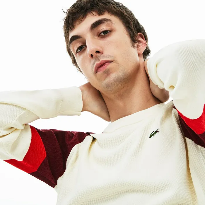 Crew Neck Raglan Sleeved Sweater WhiteRedBordeaux Mens Lacoste Sweaters Online