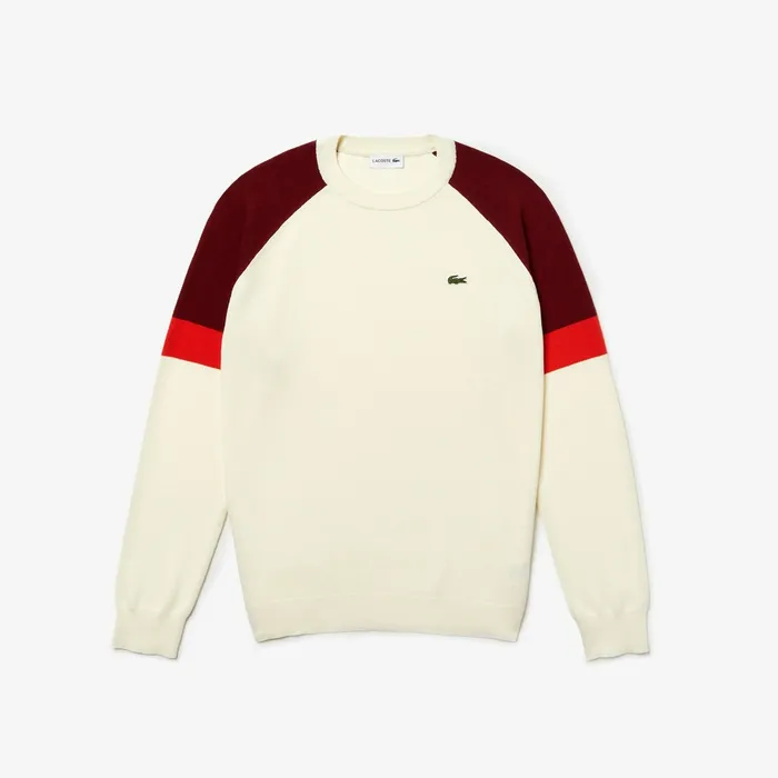 Crew Neck Raglan Sleeved Sweater WhiteRedBordeaux Mens Lacoste Sweaters Online